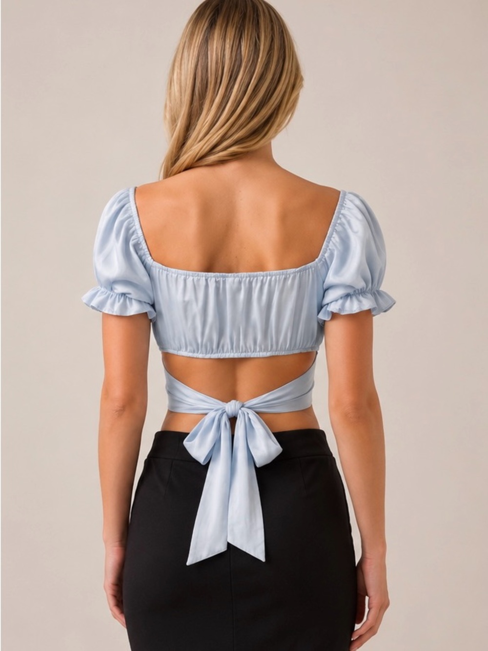 Tie-Back Puff Sleeve Crop Top in Pale Blue